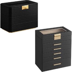SONGMICS Jewelry Box with Glass Lid Bundle with 3-Tier Watch Box, Jewelry Storage, Stackable, Floating Effect, Gift Idea, Graphite Black and Ink Black UJBC171B01 and UJWB021B01
