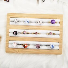 Bamboo Wood Ring Display Holder Showcase Earrings Organizer Tray Idea Gift for Girls Women, Rectangle Jewelry Storage Stand with White PU Leather, 5.8" x 4" x 0.8", 3 Slots.