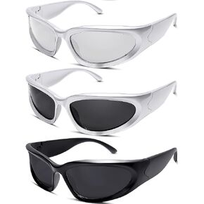 knliwkm 3 Pairs Oval Sporty Wrap Around Sunglasses Y2K Futuristic Glasses Shades for Women Men Trendy Fashion Silver
