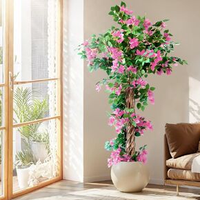 7FT Tall Bougainvillea Artificial Tree for Outdoors or Indoors, Faux Tree Realistic Wood with Flowers in Plastic Pot Front Porch Plants, Home, Office, Red