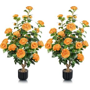2 PCS Artificial Camellia Trees in Pot Red Fake Flowers Trees Outdoor Faux Potted Tree with 24 Blooming Camellia Topiary Greenery Plant for Porch Front Door Indoor