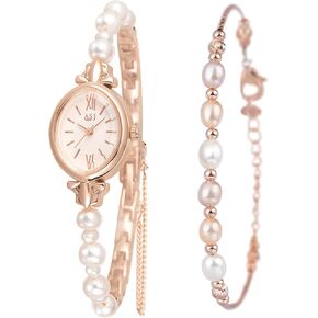 Petite Pearl Watch and Bracelet Set for Women Dainty Analog Quartz Watch for Women
