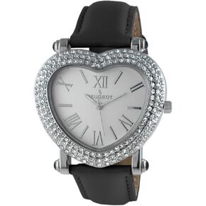 Peugeot Womens Heart Shaped Wrist Watch with Crystal Studded Case & Leather Strap