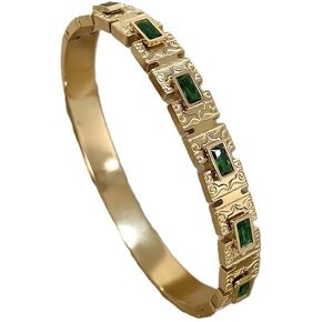 Green Zircon Bangle Bracelet - 18K Gold-Plated Vintage European Design - Stainless Steel Charm Bangle for Women - Designer Jewelry Gift Box
