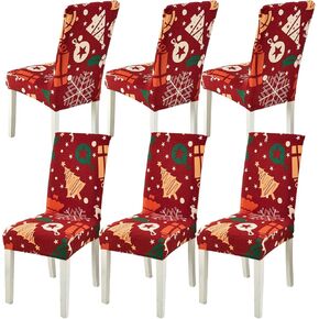 Christmas Chair Covers Set of 6, Red Snowflake Snowman Xmas Chair Covers for Dining Room, Stretchable and Washable Dining Chair Slipcovers for Christmas Dinner, Holiday Party Decorations
