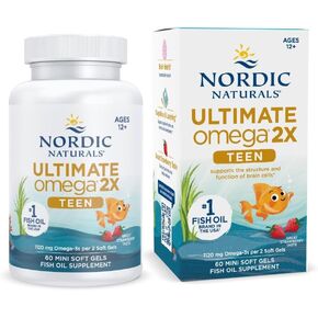 Nordic Naturals Ultimate Omega 2X Teen, Strawberry - 60 Mini Soft Gels - 1120 mg Total Omega-3s with EPA & DHA - Brain Health, Positive Mood, Social Development, Learning - Non-GMO - 30 Servings