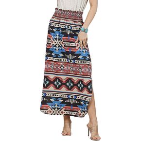 Womens Western Aztec Print Smock Waist Skirt Tribal Cowgirl Maxi Skirt Dress