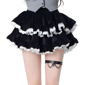 Kawaii Lolita Harajuku Gothic Clothes Casual Style Elastic Waist Lace Trim Velvet Tiered Puffy Short Skirt