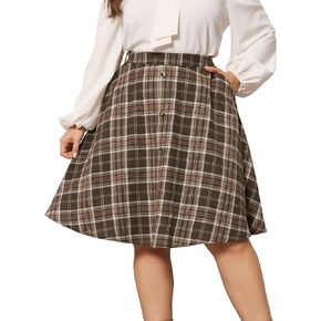 Agnes Orinda Plus Size Vintage Skirt for Women Plaid Elastic High Waist Button Front A-Line Skirt with Pockets