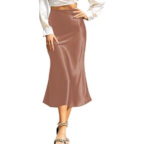 Women's Midi Skirt Satin High Waist Dress, Zipper Elegant Cocktail Party Wedding Flared A-Line Skirts for Women (Small, Brown)