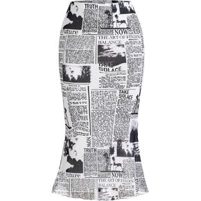 WDIRARA Women's Newspaper Print Lettuce Trim Bodycon Mermaid Hem Midi Skirt