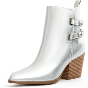Womens Pointed Toe Ankle Boots Two Buckle Straps Fashion Dating Dress 3 Inch Chunky Block Mid Heel Booties with Zip