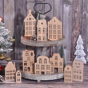 10 Pcs House Shaped Wooden Sign Block, Cutouts Christmas Wood Farmhouse Ornaments Decorations Tray Plaques DIY Craft Embellishment Decor for Home Kitchen Shelf Coffee Bar Table (10)