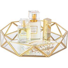 Feyarl Gold Glass Perfume Tray Mirror Vanity Jewelry Trinket Organizer Tray Ornate Cosmetic Makeup Display Decorative Coffee Table Tray for Wedding Home Decor Dresser Tabletop Countertop (9.5inch)