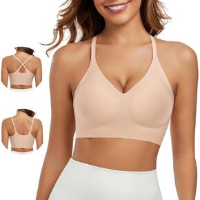 Comfortable Seamless Wireless Bra Cross Back Pull on Bras V Neck Cami Bralette with Support Sport Everyday Bra