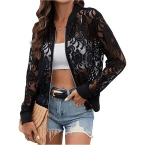 OYOANGLE Women's Floral Lace Long Sleeve Zip Up Bomber Jacket Hollow Out Baseball Collar Jacket Coat