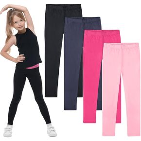 FEQO 4 Pack Girls Cotton Leggings Pants Full Length Basic Leggings Stretchy Leggings Footless Tight Pants