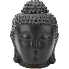 Jerliflyer Ceramic Buddha Head Essential Oil Burner with Candle Spoon, Black Buddha Head Shaped Essential Oil Burner Incense Diffuser Candle Holder Decoration Holders Buddha Ornament