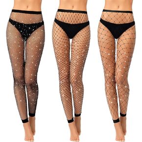 Geyoga 3 Pcs Fishnet Footless Tights Women Glitter Fishnet Stockings High Waist Fishnet Footless Tights Leggings (Large Mesh, Medium Mesh, Small Mesh)