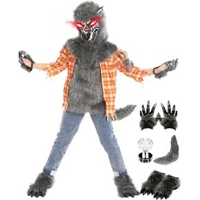 Werewolf Costume for Boys, Wolf Suits with Light Up Red Eyes Mask, Gloves, Shoes, Tail, Fangs Dress up for Kids