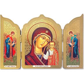 Needzo Virgin Mary Icon Russian Orthodox Catholic Icon Triptych Virgin of Kazan with Saints Great Archangels Michael and Gabriel 5 1/2 inch, Religious Gift for Woman, Man,