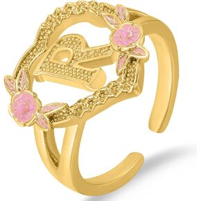 Gold Initial Rings for Women - Non Tarnish Dainty 14K Gold Plated Heart Adjustable Letter Rings for Women, Stackable Cute Thumb Pinky Fashion Open Simple Birthday Gifts Jewelry