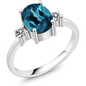 Gem Stone King 925 Sterling Silver Oval London Blue Topaz and White Diamond Ring For Women (1.93 Cttw, Gemstone Birthstone, Available In Size 5, 6, 7, 8, 9)