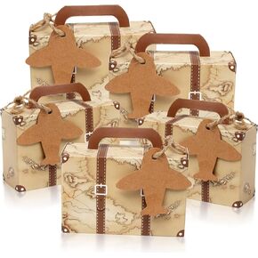 50Pcs Party Favor Candy Box, World Map Mini Suitcase Favor Box, Vintage Kraft Paper with Tags and Burlap Twine for Travel Themed Party, Bridal Shower, Wedding Decorations