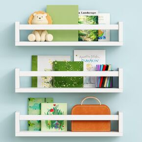 Floating Nursery Book Shelves for Wall, Natural Wood Wall Bookshelf for Kids Room Bedroom, Small Wooden Baby Book Shelf and Toy Organizer for Nursery Girl Boy Toddler Child - Set of 3