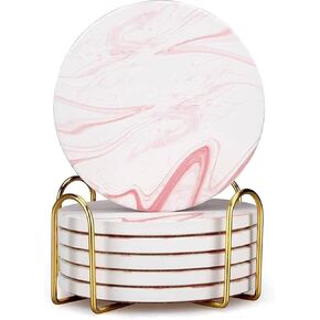 6 Pcs Cute Pink Marble Coasters Set for Drink Beverages Absorbent Ceramic Cup Coasters with Holder Decorative Tea Bar Coaster Gift Modern Aesthetic Coasters Kitchen House Home Decor Table Coasters