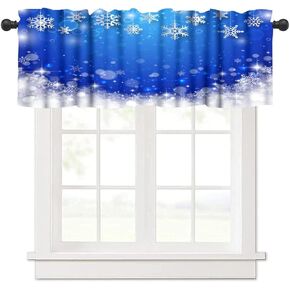 Snowflake Window Valance Curtains White Snow Christmas Pattern Blue Background Blackout Short Curtain for Kitchen Living Room Bathroom Windows W54xL18in