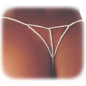 Sexy Rhinestone Thong Panties Underwear Crystal Panties G-string Summer Beach Belly Waist Chain Bikini Rhinestone Waist Body Chain for Women Body Jewelry (Silver)