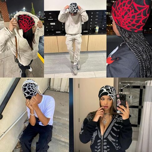Y2k Beanie Hat Unisex Winter Warm Beanie for Women Mens Knitted Skull Spider Letter Slouchy Warm Hat in Kuwait