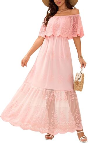 Women's Off The Shoulder Embroidered Lace Maxi Wedding Dress Boho Brides Bridesmaid Wedding Guest Party Maternity Photoshoot Dresses Dark Green in Saudi Arabia