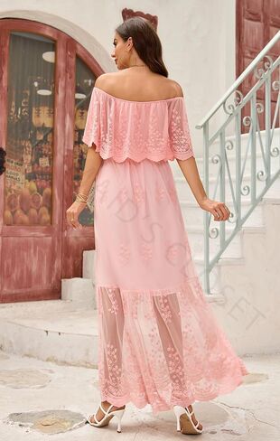 Women's Off The Shoulder Embroidered Lace Maxi Wedding Dress Boho Brides Bridesmaid Wedding Guest Party Maternity Photoshoot Dresses Dark Green in Saudi Arabia