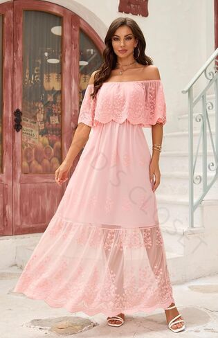 Women's Off The Shoulder Embroidered Lace Maxi Wedding Dress Boho Brides Bridesmaid Wedding Guest Party Maternity Photoshoot Dresses Dark Green in Saudi Arabia