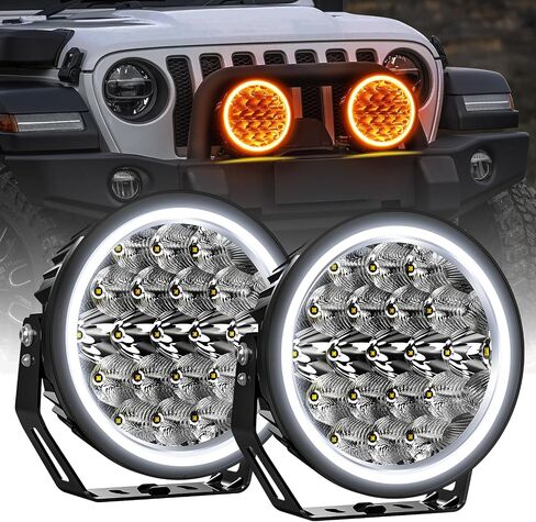مصابيح قيادة LED للطرق الوعرة مقاس 9 بوصات مع DRL أبيض/كهرماني، أكثر سطوعًا بنسبة 1000% قطعتين 40000LM مصابيح عمل دائرية لشعاع كومبو الالتقاط/الشاحنة in Kuwait