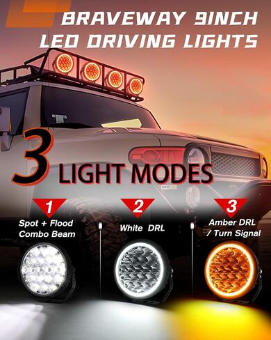 مصابيح قيادة LED للطرق الوعرة مقاس 9 بوصات مع DRL أبيض/كهرماني، أكثر سطوعًا بنسبة 1000% قطعتين 40000LM مصابيح عمل دائرية لشعاع كومبو الالتقاط/الشاحنة in Kuwait