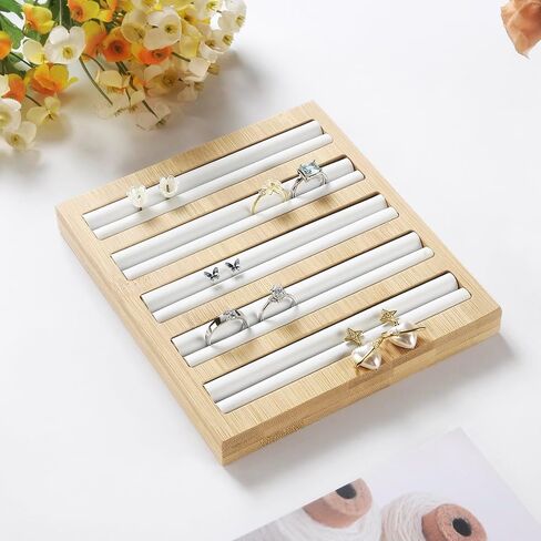 Bamboo Wood Ring Display Holder Showcase Earrings Organizer Tray Idea Gift for Girls Women, Rectangle Jewelry Storage Stand with White PU Leather, 5.8" x 4" x 0.8", 3 Slots. in Saudi Arabia