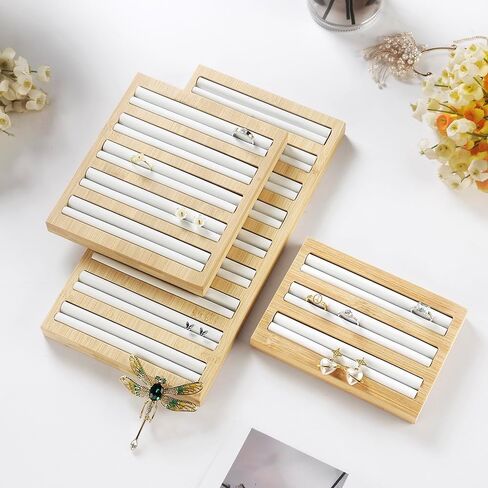 Bamboo Wood Ring Display Holder Showcase Earrings Organizer Tray Idea Gift for Girls Women, Rectangle Jewelry Storage Stand with White PU Leather, 5.8" x 4" x 0.8", 3 Slots. in Saudi Arabia