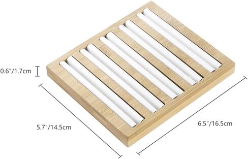 Bamboo Wood Ring Display Holder Showcase Earrings Organizer Tray Idea Gift for Girls Women, Rectangle Jewelry Storage Stand with White PU Leather, 5.8" x 4" x 0.8", 3 Slots. in Saudi Arabia