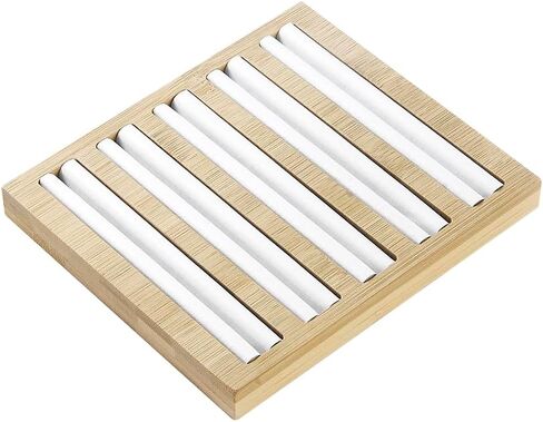 Bamboo Wood Ring Display Holder Showcase Earrings Organizer Tray Idea Gift for Girls Women, Rectangle Jewelry Storage Stand with White PU Leather, 5.8" x 4" x 0.8", 3 Slots. in Saudi Arabia
