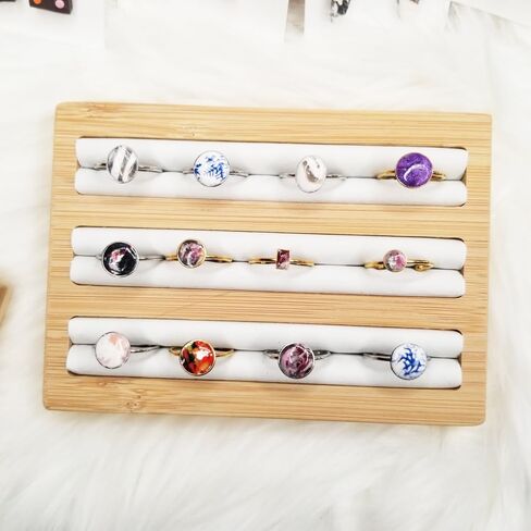 Bamboo Wood Ring Display Holder Showcase Earrings Organizer Tray Idea Gift for Girls Women, Rectangle Jewelry Storage Stand with White PU Leather, 5.8" x 4" x 0.8", 3 Slots. in Saudi Arabia