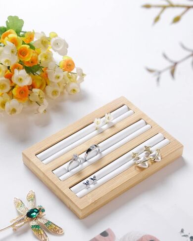 Bamboo Wood Ring Display Holder Showcase Earrings Organizer Tray Idea Gift for Girls Women, Rectangle Jewelry Storage Stand with White PU Leather, 5.8" x 4" x 0.8", 3 Slots. in Saudi Arabia