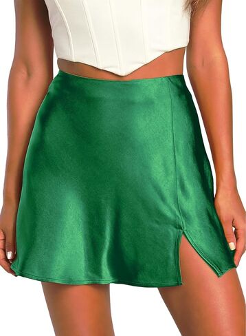 Womens High Waisted Satin Mini Skirts A Line Elastic Waistband Going Out Mini Silk Skirts with Slit in Kuwait