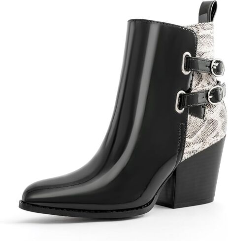 Womens Pointed Toe Ankle Boots Two Buckle Straps Fashion Dating Dress 3 Inch Chunky Block Mid Heel Booties with Zip in Saudi Arabia
