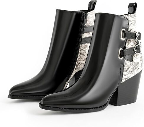 Womens Pointed Toe Ankle Boots Two Buckle Straps Fashion Dating Dress 3 Inch Chunky Block Mid Heel Booties with Zip in Saudi Arabia