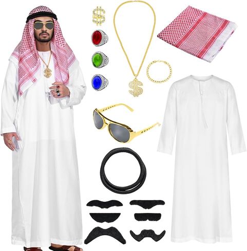 Arab Costume Shemagh Keffiyeh Head Scarf for Men, Arabian Costumes Sheik Robe Fancy Dubai Dress Accessories Halloween in Saudi Arabia