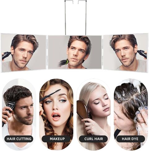 Essbhach 3 Way Mirror for Hair Cutting, 360 Barber Mirror for Women, Barber Supplies Haircut Mirror, Height Adjustable Hooks, Black Without LED in Saudi Arabia