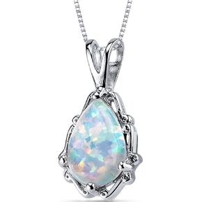 PEORA Created White Fire Opal Pendant Necklace 925 Sterling Silver, Solitaire Teardrop, 1.50 Carats Pear Shape 10x7mm with 18 inch Chain, October Birthstone Necklace, Fire Opal Necklace